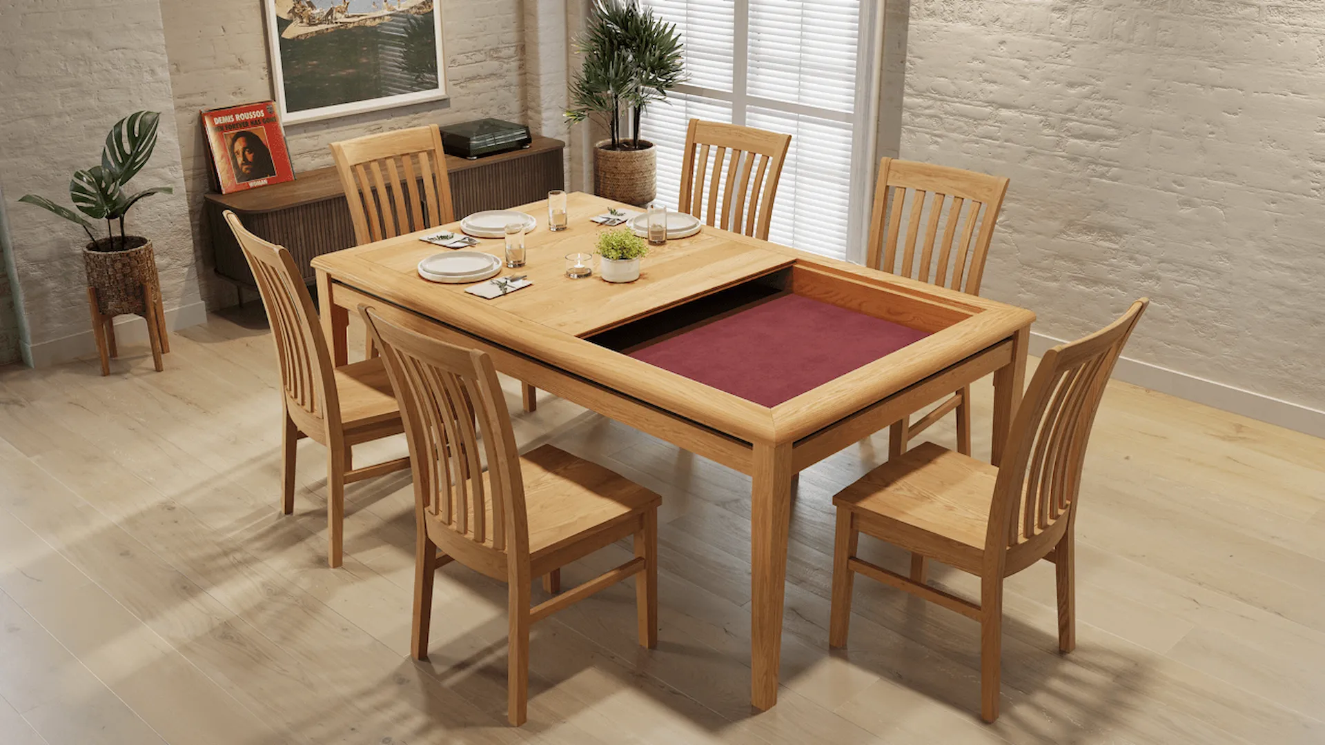 Solid hardwood Dragons & Geeks game table in a styled dining room